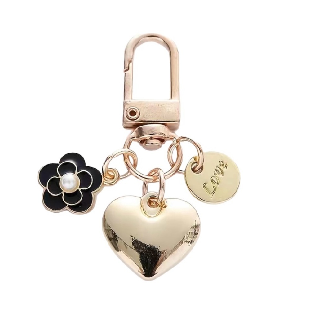 Gold Key chain bag charm hearts and flowers